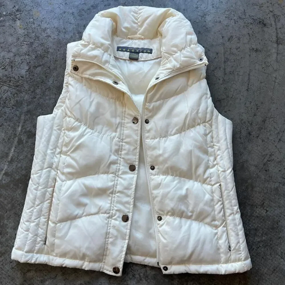 Kenneth Cole Reaction Down Puffer Vest Women’s Medium Ivory Quilted Zip Pokets